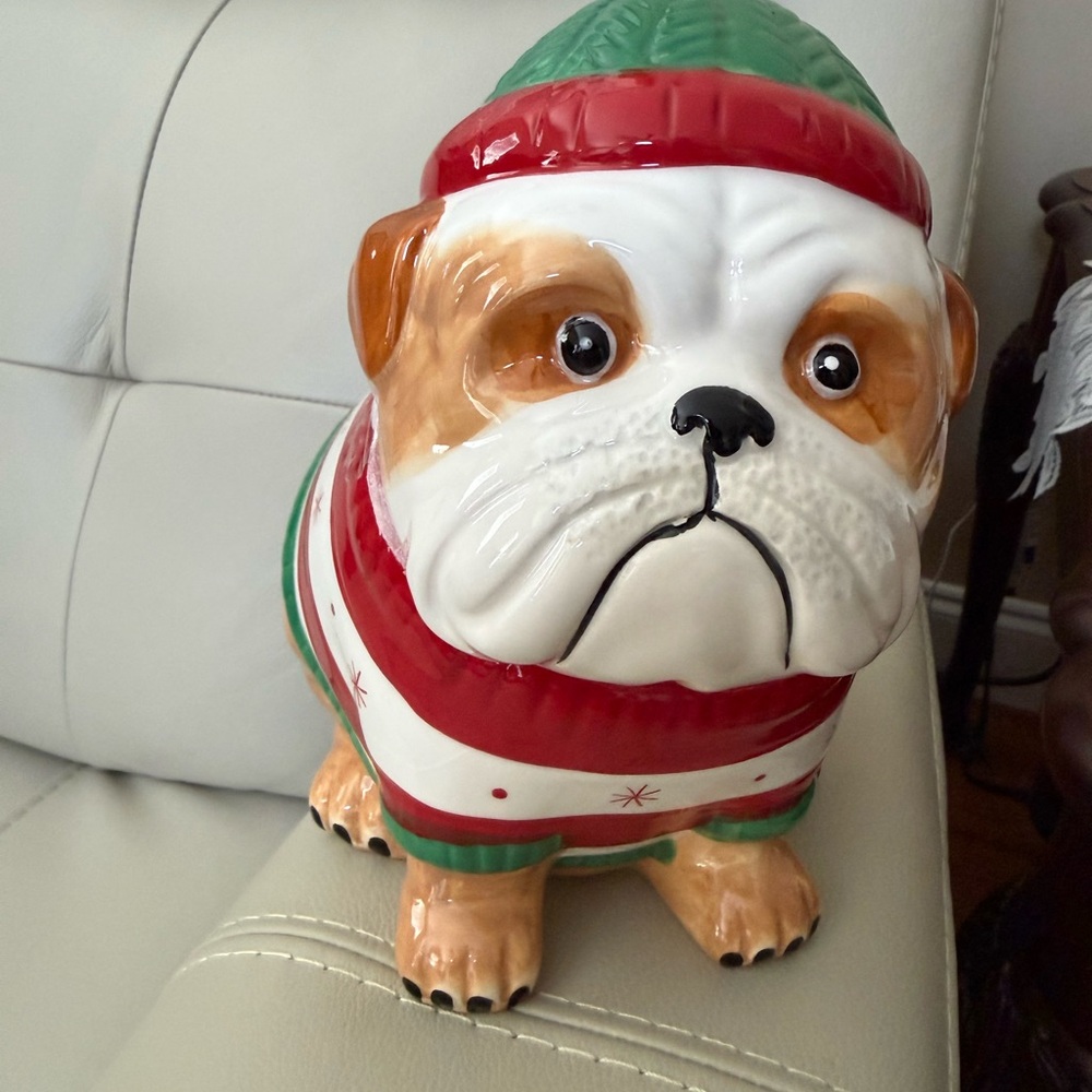 Ceramic Bulldog Dog Treat Jar - Red, Green, White